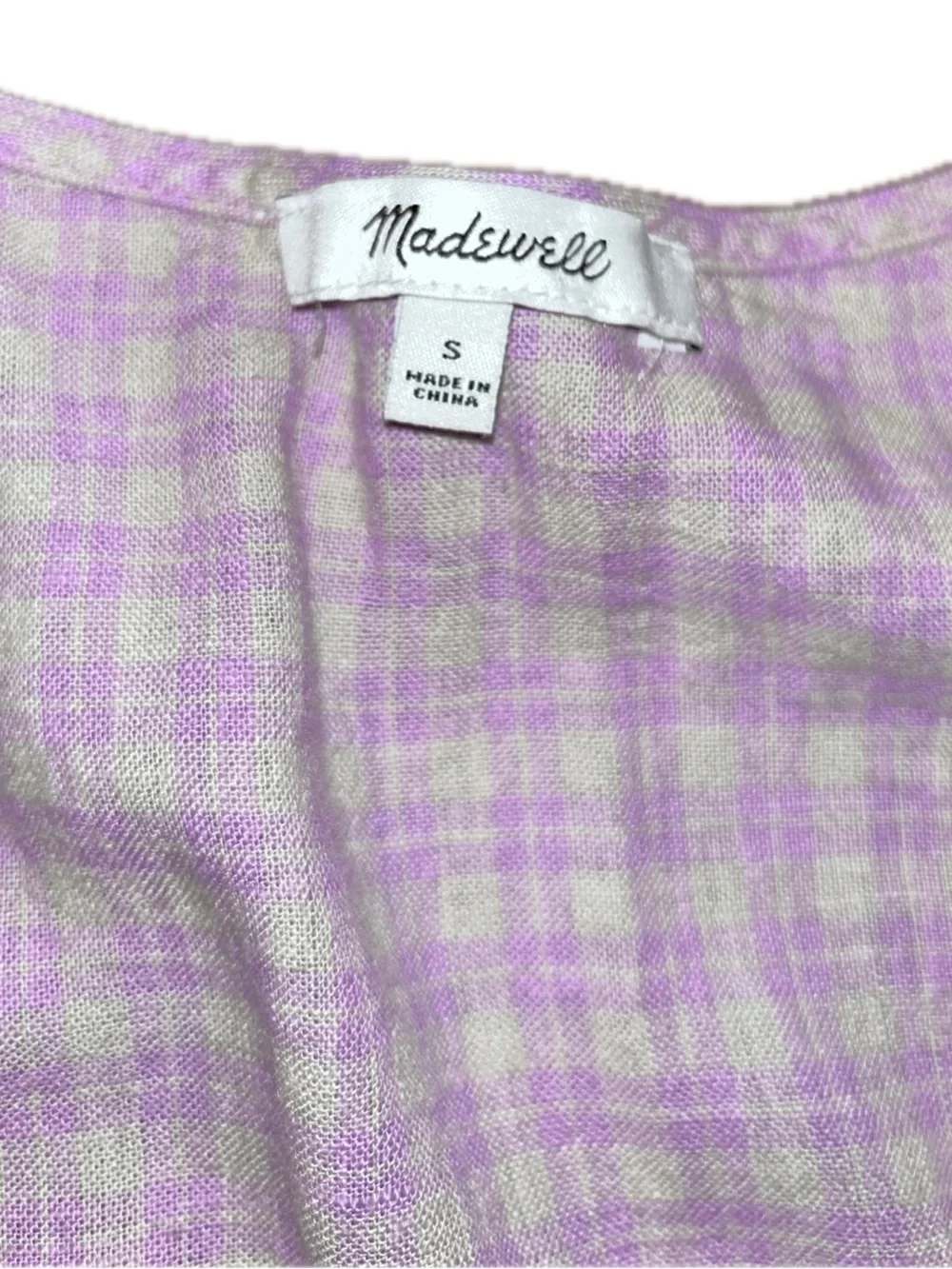 Madewell Tan Pink Gingham Puff-Sleeve Linen Blend Button Wrap Cottagecore Top S